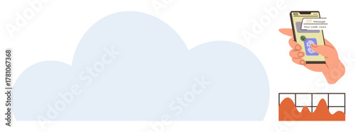 Cloud backdrop with hand holding smartphone showing message notification, and line chart analyzing data trends. Ideal for technology, communication, networking, data sync, analytics, cloud storage