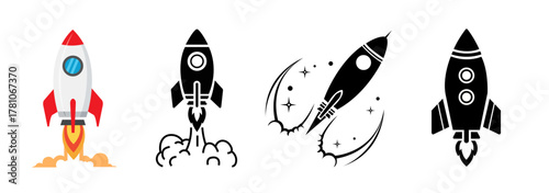 Rocket launch icon set. Space launch silhouette and line art vector collection