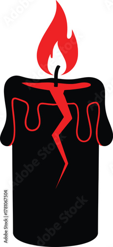 Black candle with red flame, dripping wax, and an electric bolt crack graphic illustration