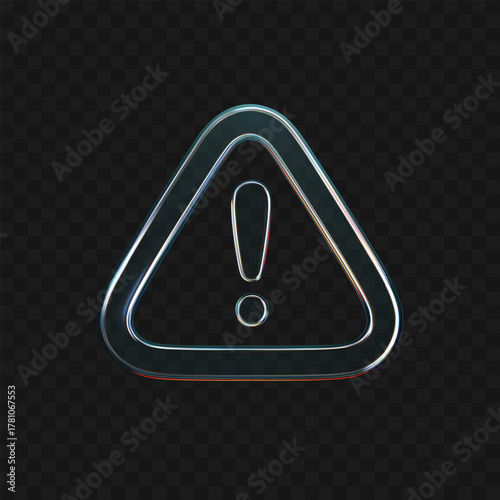 3D glass warning icon with holographic neon gradient glow isolated on dark bg. Render of liquid glass triangle attention sign. Transparent caution mark for danger, exclamation and hazard. 3D vector