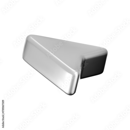 3D metallic arrow cursor icon with a reflective chrome surface, isolated on a white background. Glossy silver pointer render for tech navigation, mouse clicks, GPS location, and UI design. 3D vector