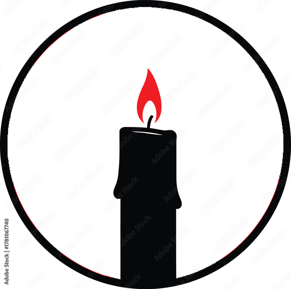Fototapeta premium Black candle with red flame inside a circle, simple illustration, light in darkness, hope, spirituality