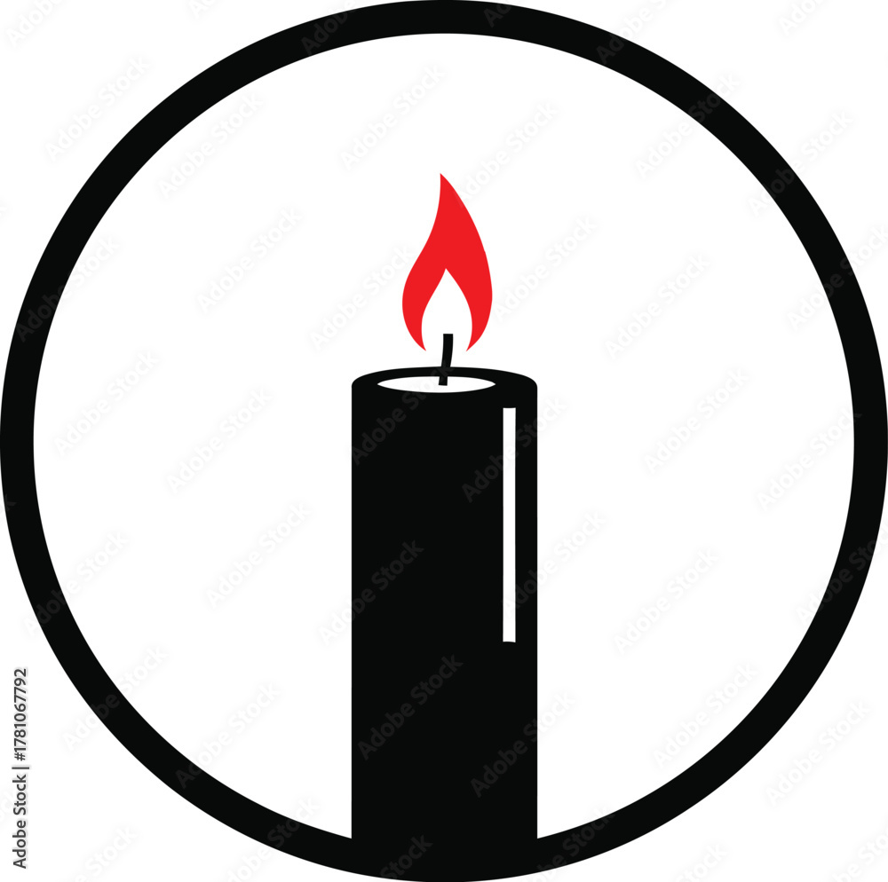 Fototapeta premium Simple vector illustration of a burning black candle with a red flame inside a circular outline on white.