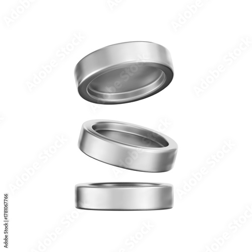 Silver coin stack 3D render. Metallic chrome token stack and falling coins isolated on white. Perfect for finance, casino, banking, payment, currency and reward concepts. 3D vector illustration