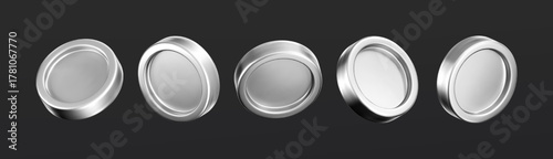3D silver coin icon set with chrome metallic effect. Render of glossy chrome coins, game token, digital currency icon, casino chips or silver reward medals. Finance UI design. 3D vector illustration