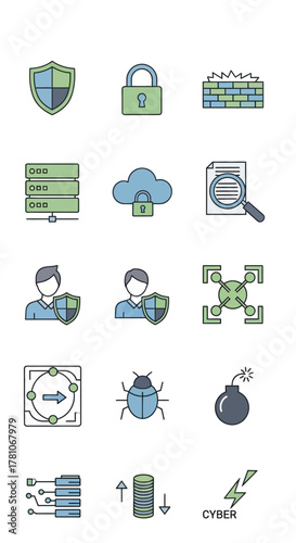 Cybersecurity Icons Set - Shield, Lock, Cloud, Bug, Bomb, and More.
