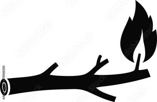 Burning wooden log icon illustration, simple black flame and wood fire concept silhouette graphic design
