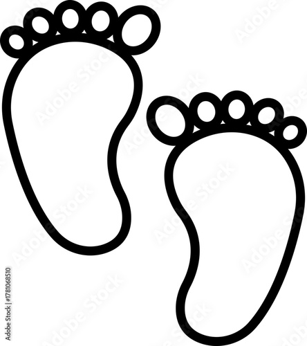 Footprint and shoe print icon in black line style, including barefoot, boot, sneaker, trail, and walking track symbols, perfect outline and silhouette vector
