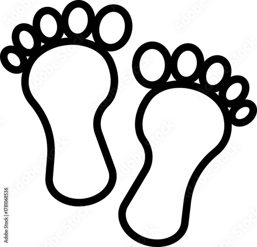 Footprint and shoe print icon in black line style, including barefoot, boot, sneaker, trail, and walking track symbols, perfect outline and silhouette vector