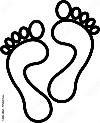 Footprint and shoe print icon in black line style, including barefoot, boot, sneaker, trail, and walking track symbols, perfect outline and silhouette vector