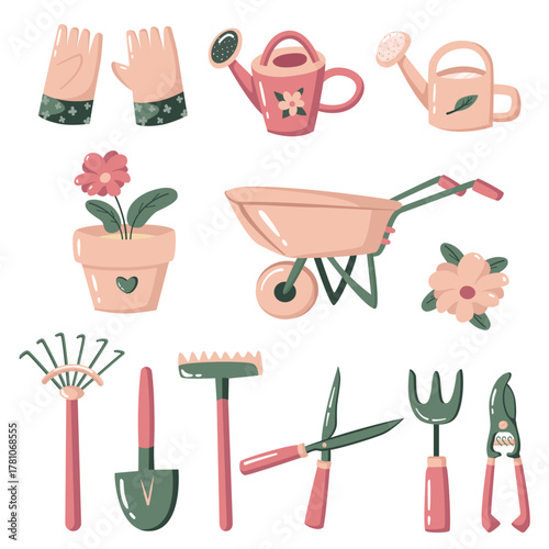 Garden tools vector set. Hand drawn equipment for gardening, agricultural items - shovel, rake, secateurs, watering can, garden cart. Cartoon design elements.
