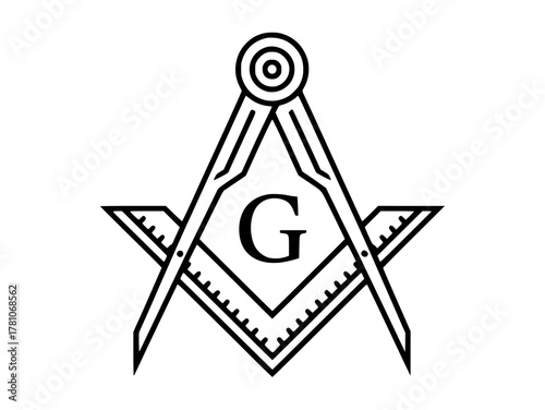 Black-and-white line art of the Masonic Square and Compasses with a central "G" — classic Freemasonry emblem symbolizing geometry, moral principles and the brotherhood of Masons.