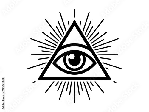 Vector isolated black and white Masonic symbol all-seeing eye inside a triangle with radiant rays. Minimalist esoteric symbol representing mysticism, protection, enlightenment, and secret-society icon