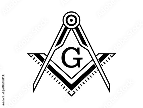 Black-and-white Masonic emblem featuring the Square and Compasses with a central letter "G" — a minimalist geometric symbol representing Freemasonry, tradition, and brotherhood.