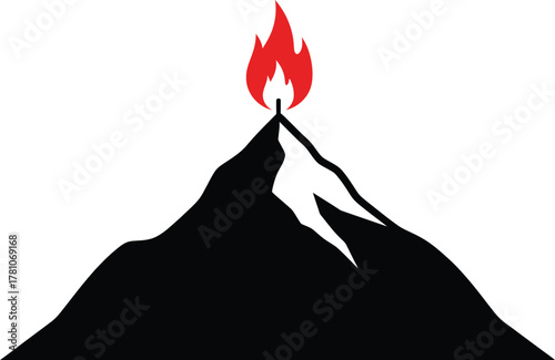 Stylized black mountain with vibrant red flame atop its peak, representing power, danger or eruption.