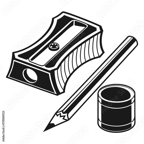 Vintage pencil sharpener, pencil, and shavings container