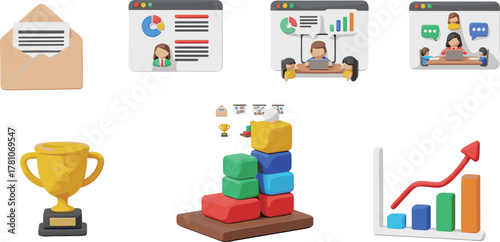 Business icons, communication tools, data analysis, virtual meeting, online collaboration, chart visualization, trophy symbol, flat design, modern vector set