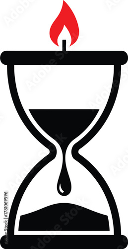 Hourglass with burning candle flame on top, symbolizing the passage of time and life duration