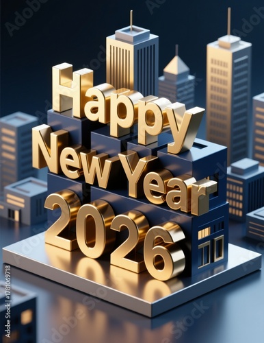Happy new year 2026 golden text with modern 3d cityscape and prosperous urban future concept.