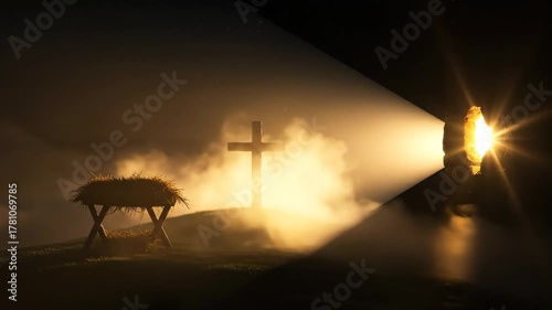 Empty manger and cross on a hill, with light emanating from an empty tomb, symbolizing the journey from birth to resurrection.
