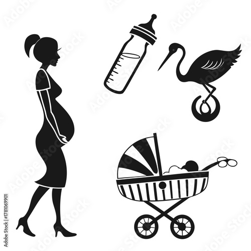 Silhouette of a pregnant woman with baby bottle, stork and baby carriage