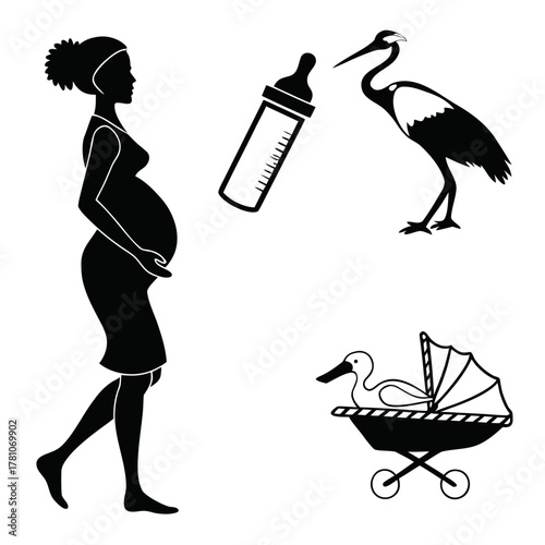 Silhouette of a pregnant woman with baby bottle, stork and baby carriage