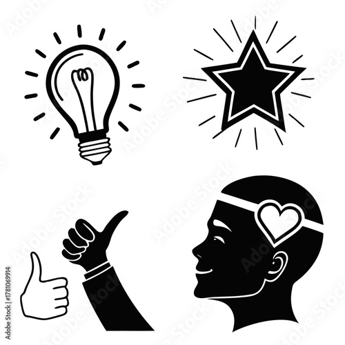 Light bulb, star, thumbs up, and head with heart