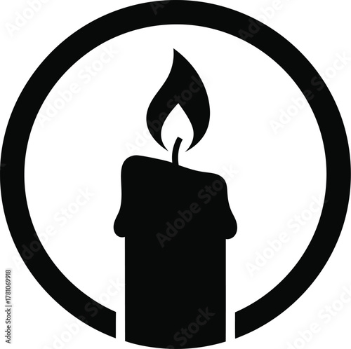 Candle flame icon with melting wax inside a circular border, symbol of light and hope.