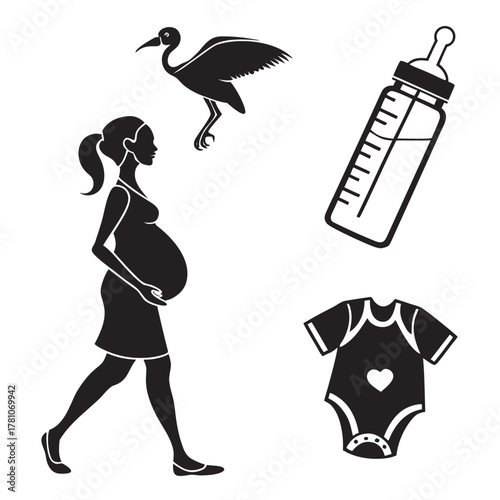Silhouette of a pregnant woman with baby items