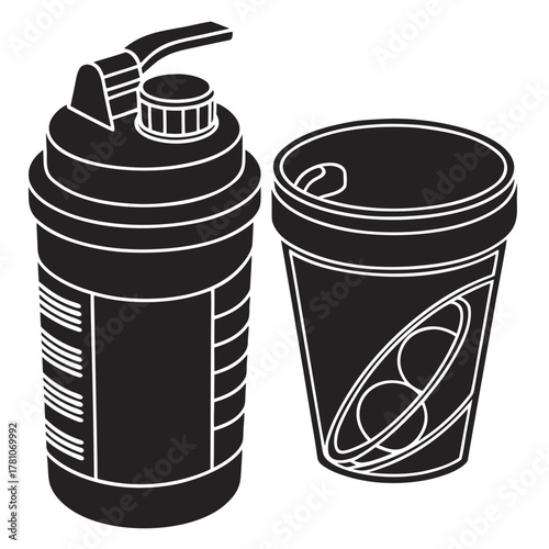 Black and white protein shaker and container