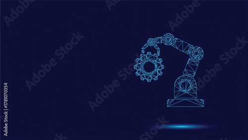 Robotic Arm Low Poly Design: Future Technology And Automation Illustration, Dark Background, Blue Wireframe, High-Tech Concept, AI Integration, Precision Engineering