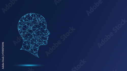 A digital illustration of a head constructed from lines and geometric shapes, symbolizing AI, connectivity, and the future of technology.