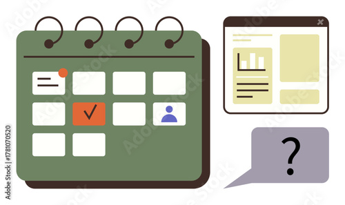 Calendar with highlighted dates, data analytics screen, and speech bubble with question mark. Ideal for planning, scheduling, analytics, goal tracking, time management, productivity simple flat