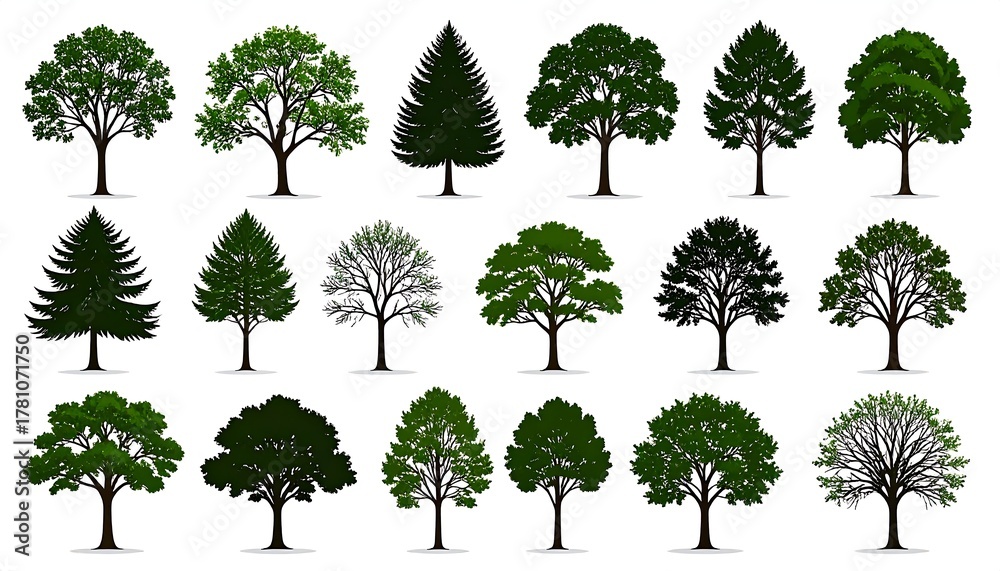 Fototapeta premium Assorted stylized tree illustrations, varying types and foliage