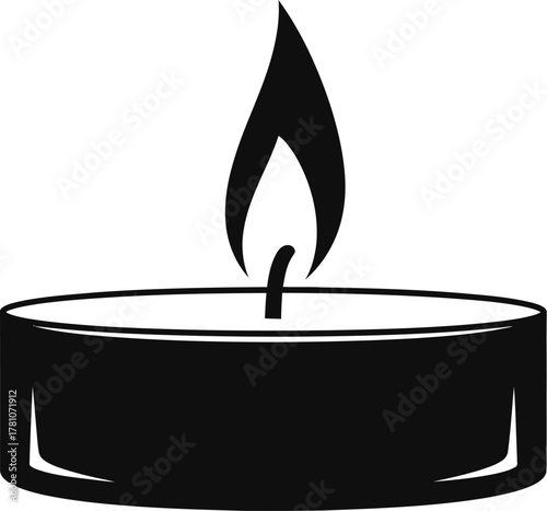 Black silhouette icon of a burning tea light candle with a glowing flame on white background