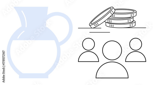 Transparent water jug, stacked coins, human figures in outline. Ideal for financial planning, team collaboration, resource distribution, funding, savings, non-profit causes simple flat metaphor