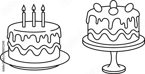 Birthday cake illustration, layered dessert drawing, cute cake art, celebration sweets, pastel icing, candle cake, fruit topping, party treat