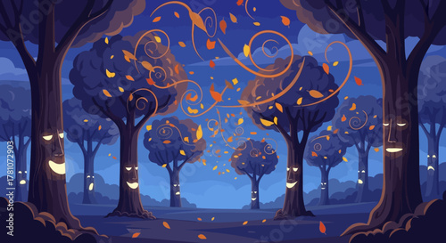 Enchanted Forest at Night with Glowing Lights and Swirling Leaves.