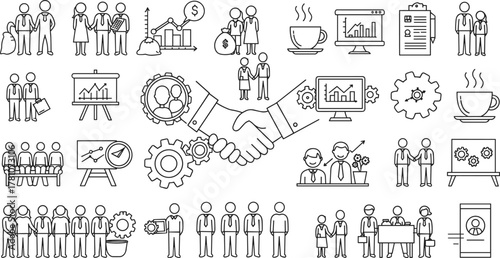 Business icons, office symbols, teamwork concept, financial elements, strategy visuals, black and white, line art, vector set, planning, productivity