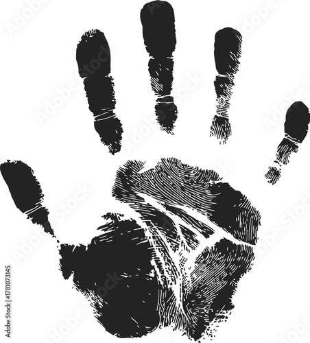 Handprint sketch, hand drawn black palm print with detailed fingerprint lines — stock vector