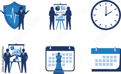 Business strategy icons, data analysis, time management, calendar planning, corporate meeting, flat vector, office concept, infographic elements, isolated symbols