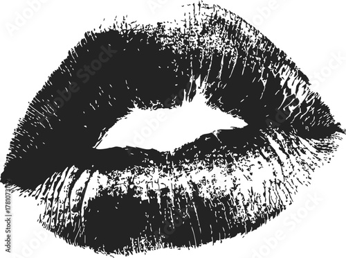 Lips print sketch, hand drawn black and white textured imprint on white background — stock vector