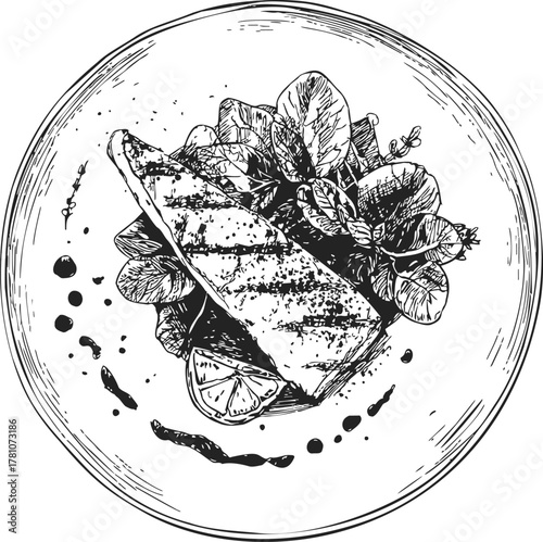 Grilled fish fillet sketch, hand drawn with leafy greens and lemon slice on plate — stock vector