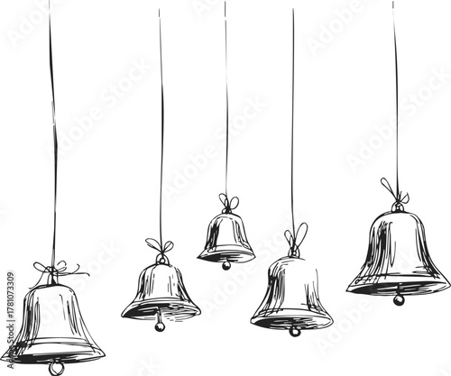 Hanging bells sketch, hand drawn line art with five bells suspended on strings — stock vector