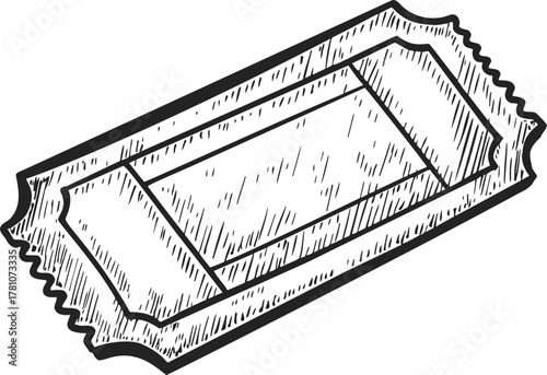 Ticket hand drawn sketch, rectangular outline with textured shading — stock vector