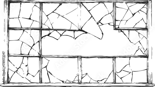 Broken window sketch, hand drawn style, shattered glass in window frame — stock vector