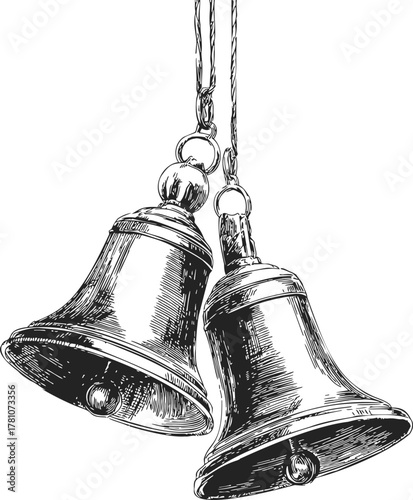Hanging bells sketch, hand drawn style, detailed vintage illustration of two bells suspended by ropes — stock vector