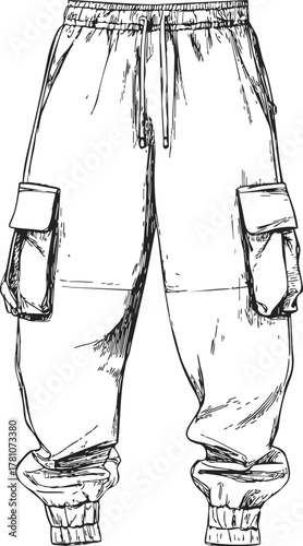 Cargo pants sketch, hand drawn style, elastic cuffs and large side pockets — stock vector
