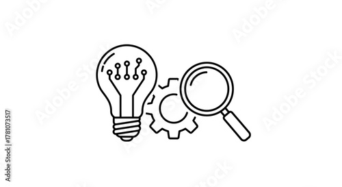 Idea generation concept with lightbulb and magnifier