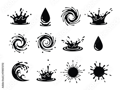 Collection of black water splashes and drops